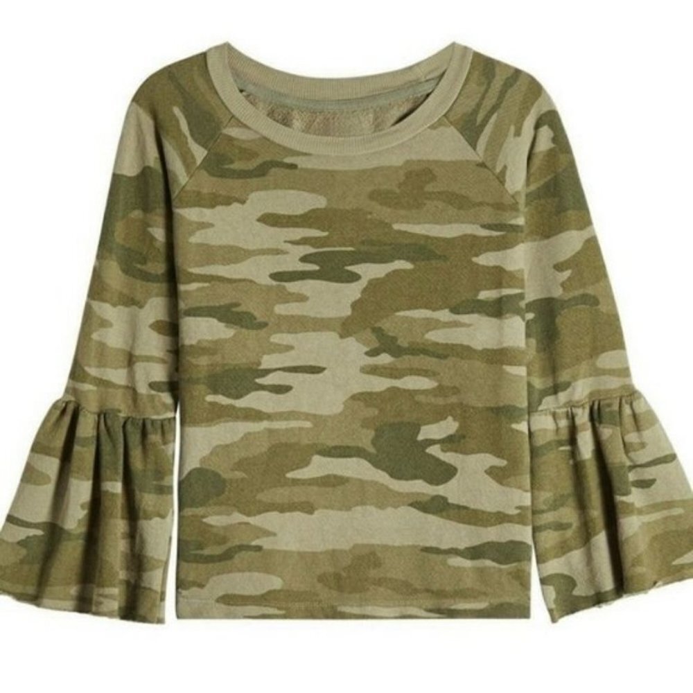 Current/Elliott Camo Ruffle Sleeve Sweatshirt- Size 1 (Small/Medium) bin 1B